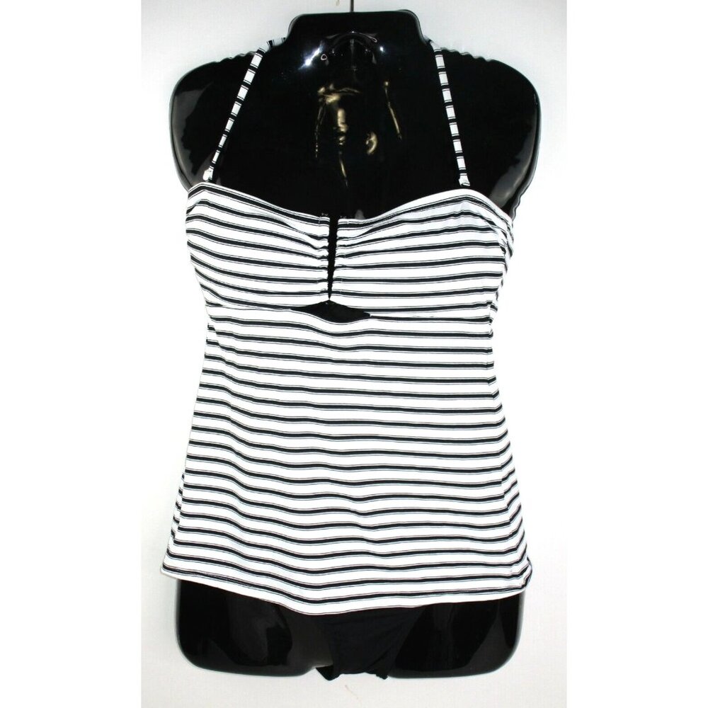 New Lauren Ralph Black White Swim Tankini Top Bottom Stripes Strappy Sz 8 $130